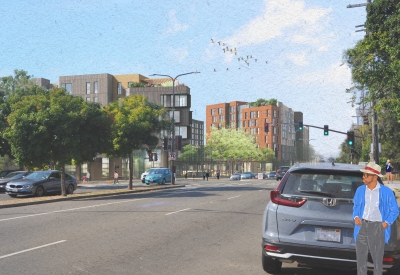 Exterior rendering of North Berkeley BART on Sacramento Street in Berkeley, California.