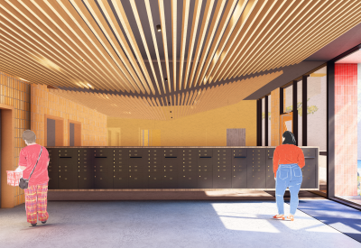 Interior rendering of the entry wall and mailboxes at 750 Golden Gate.