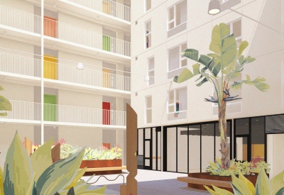 Rendering of the courtyard to 750 Golden Gate.