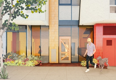 Exterior rendering of the entrance to 750 Golden Gate.