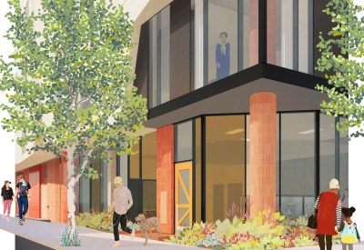 Exterior rendering of the entry to 750 Golden Gate.