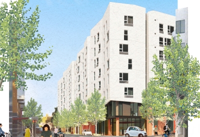 Exterior rendering of the corner at 750 Golden Gate.