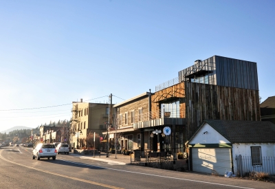 Exterior side view of Truckee Prototype Mixed-Use Townhouse in Truckee, California.