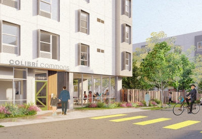 Exterior rendering of the entry to Colibrí Commons in East Palo Alto, California.