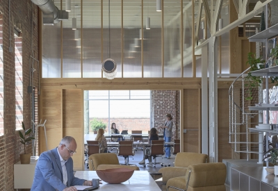 Collaborative open work space at Wyatt Builds office.