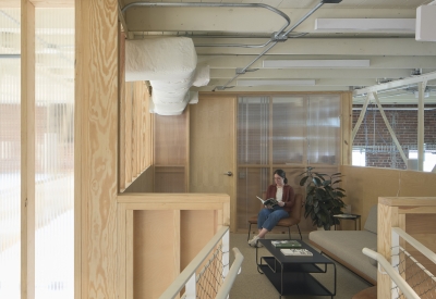 Custom-built catwalk leads to a private loft at Wyatt Builds office.