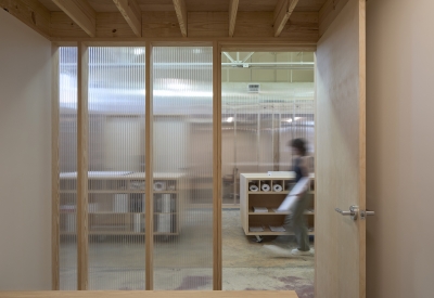 Looking out of the translucent double-walled polycarbonate panels at Wyatt Builds office.