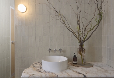 Bathroom interior at Wyatt Builds office.