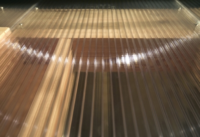 Detail of the translucent double-walled polycarbonate panels at Wyatt Builds office.