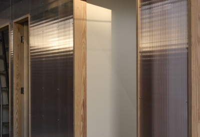 Translucent double-walled polycarbonate panels at Wyatt Builds office.