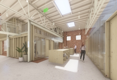 Interior rendering of Wyatt Builds office.