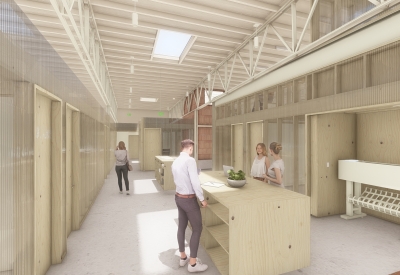 Interior rendering of Wyatt Builds office.
