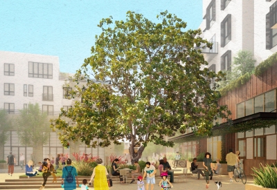 Exterior rendering of the main courtyard at The Neighborhood of State & Hope.