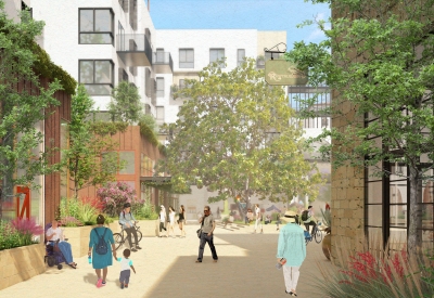 Exterior rendering of the main courtyard at The Neighborhood of State & Hope.