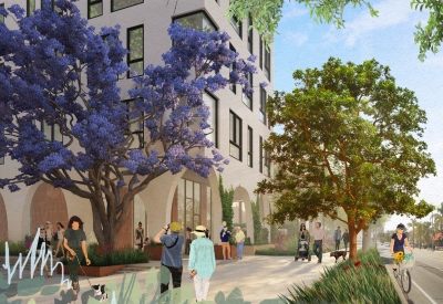 Exterior rendering of the paseo at The Neighborhood of State & Hope.