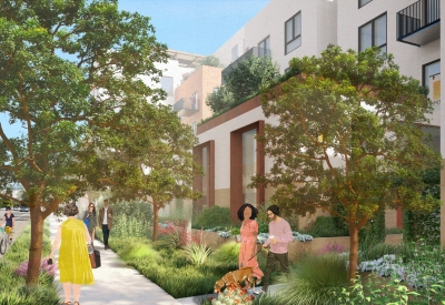 Exterior rendering of the lofts at The Neighborhood of State & Hope.