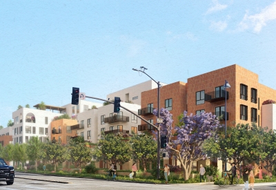 Exterior street rendering corner of State and Plaza the at The Neighborhood of State & Hope.