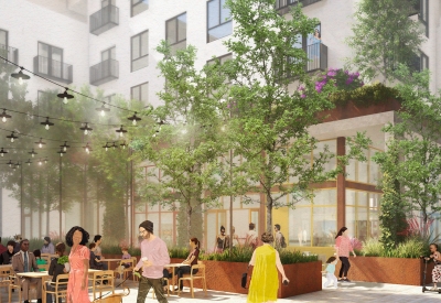 Exterior rendering of retail spaces at The Neighborhood of State & Hope.