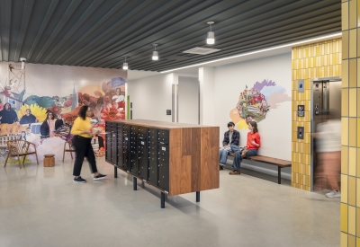 Interior view of lobby and mailboxes at 88 Park Street at Midway Village.