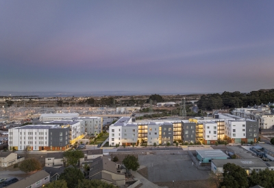 Aerial view at dusk of 88 Park Street at Midway Village.