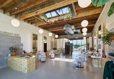 Interior view of Zephyr Barber inside the Bandsaw Building.