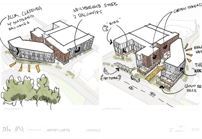 Aerial diagram sketch of the Artist Lofts site.