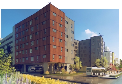 Exterior rendering the Artist Lofts transportation hub.