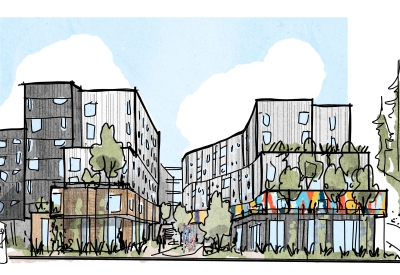 Exterior sketch of Artist Lofts.