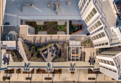 Aerial view of the resident lounge at Isle House on Treasure Island in San Francisco.