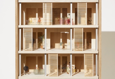 Closeup view of the model's elevation showing stacked porches