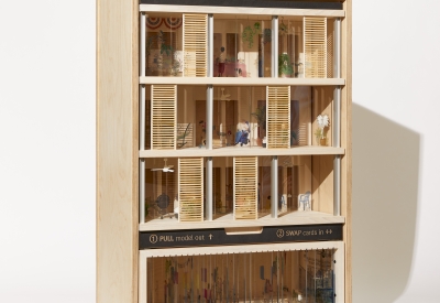 Product photography of architectural model, oblique view facing right