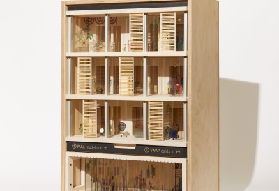 Product photography of architectural model, oblique view facing left