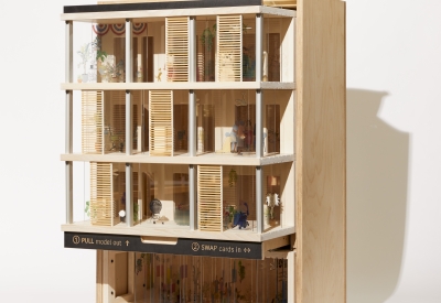 Product photography of architectural model, oblique view facing left with mechanism extended