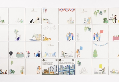 Flay lay of acrylic cards showing figures and accessories