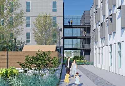 Exterior rendering of the fire lane at Midway Village Phase 2.