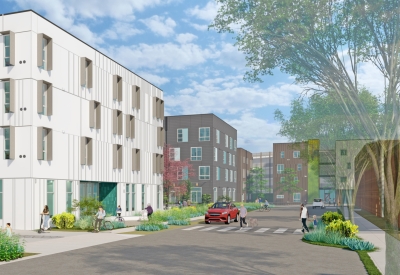 Exterior rendering along Partridge Street at Midway Village Phase 2.