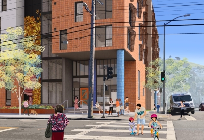 Exterior rendering of the entry to 1515 South Van Ness.
