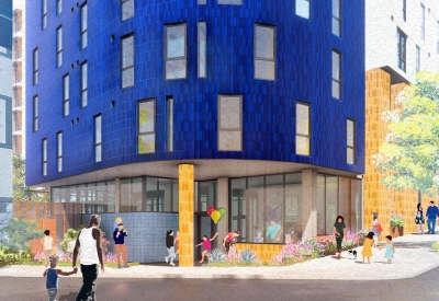 Exterior rendering of the early learning center entry to 1515 South Van Ness.
