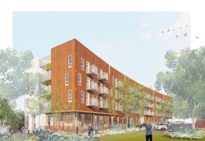 Exterior rendering of the corner of Mercury Courts PSH.