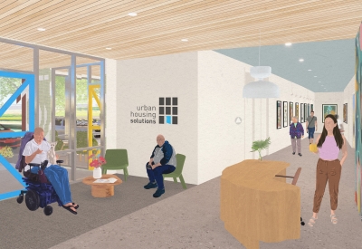 Interior rendering of the offices corridor at Mercury Courts PSH.