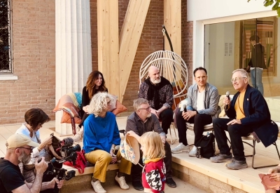 Group of people listening at the Venice Biennale