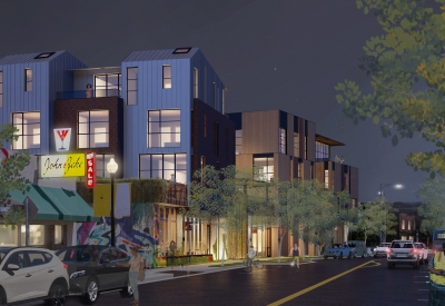 Rendering of the exterior street view of HH Residences from north at night.