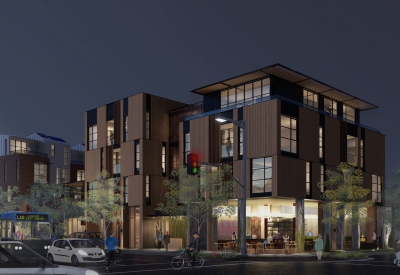 Rendering of the exterior street view of HH Residences from south west at night.