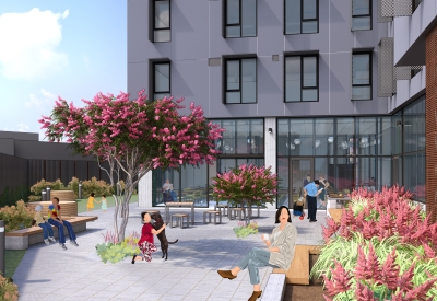 Rendering view of courtyard with flowering tree and benches