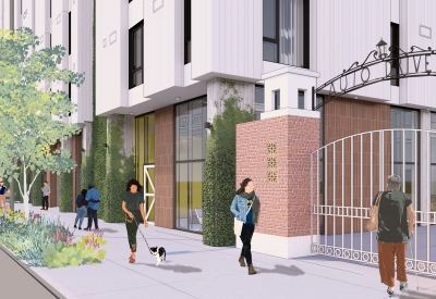 Rendering view of sidewalk and building front gate