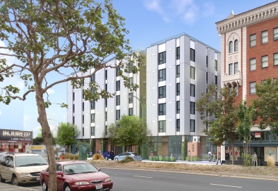 Rendering view of building elevation from across street