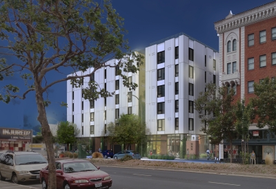 Rendering view of building elevation from across street at night