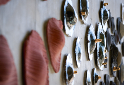 Closeup view of textured ceramic discs affixed to a concrete wall