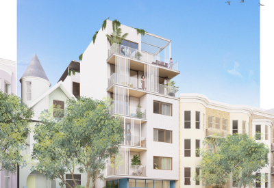 Rendered view of mid-rise apartment building with balconies