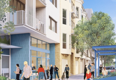 Rendering of apartment building at street level with people